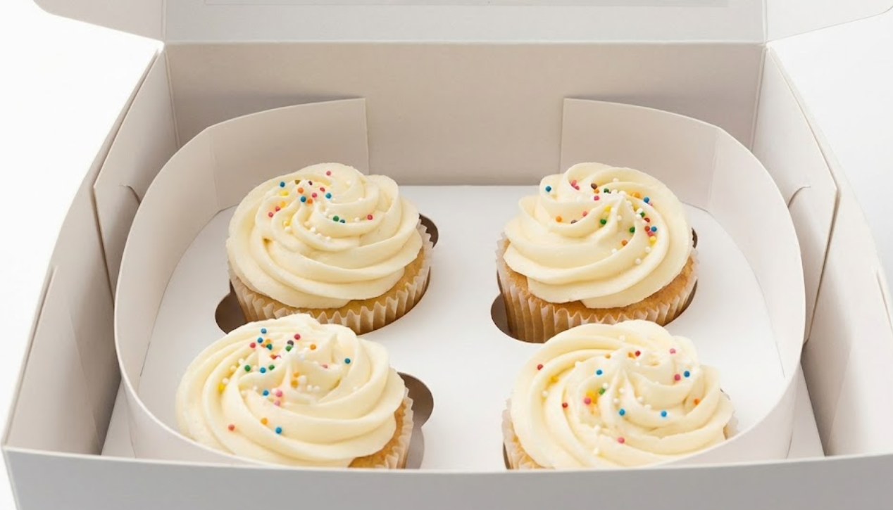 Close-up view inside a white cardboard cupcake box showing a sturdy high-walled insert securely holding four frosted cupcakes to prevent damage.