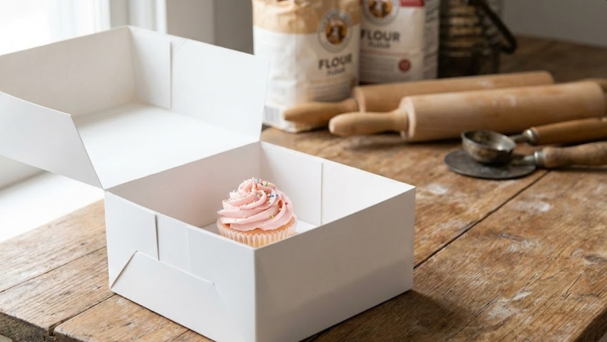 Open standard white paperboard cake box containing a single pink cupcake.