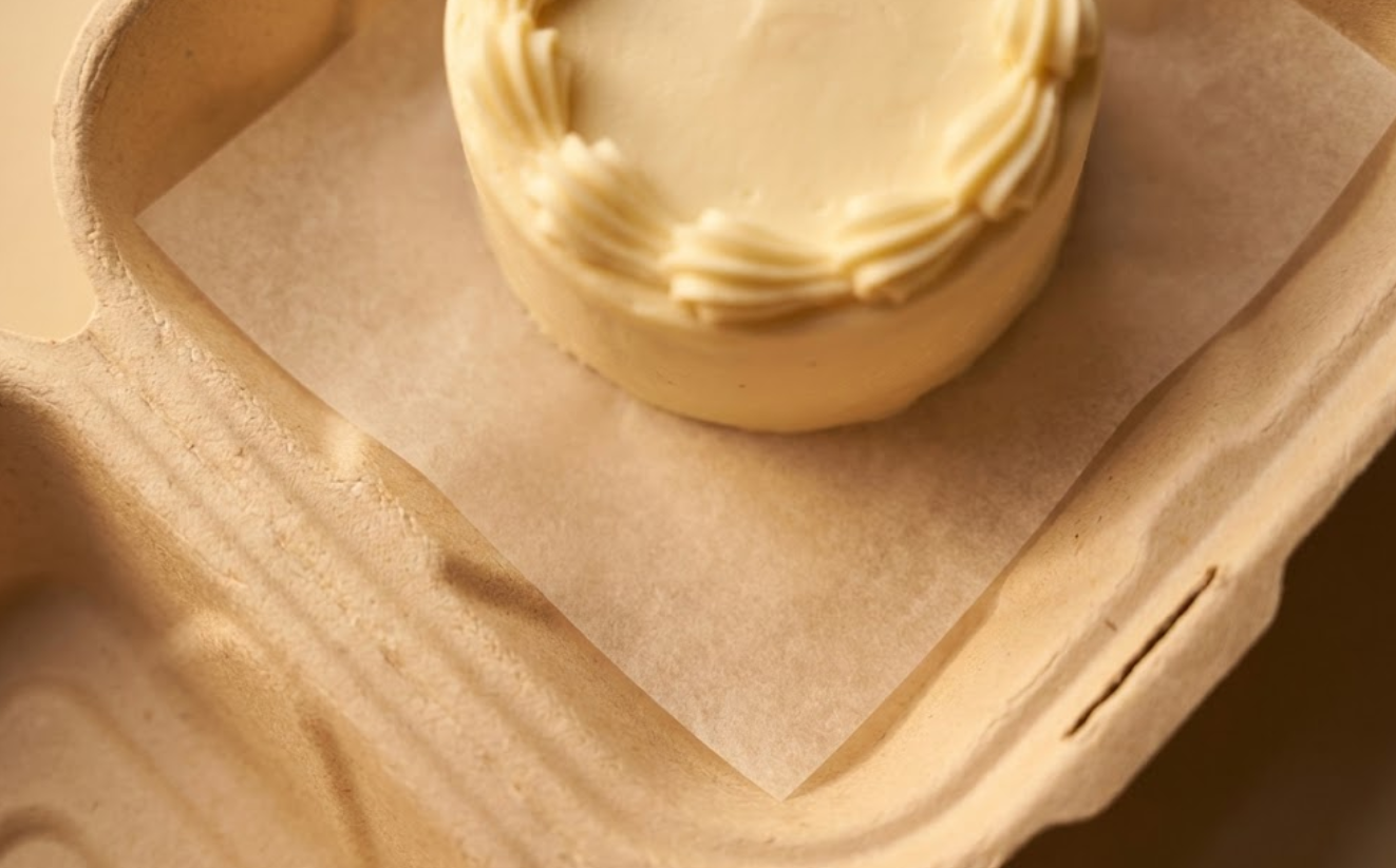Interior view of a molded fiber bento box with a greaseproof liner protecting the base from a mini vanilla cake.
