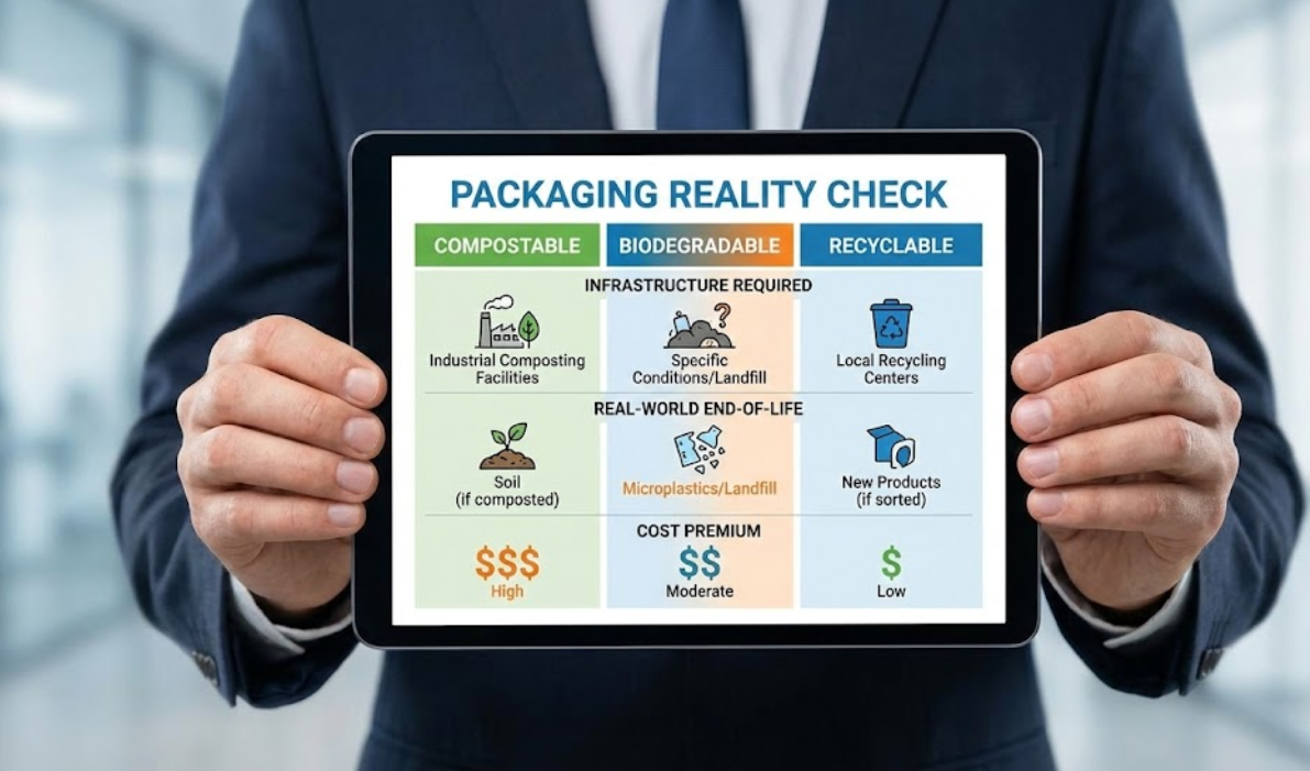 Digital infographic displayed on a tablet showing a comparison matrix of Compostable, Biodegradable, and Recyclable packaging based on infrastructure requirements, end-of-life reality, and cost.