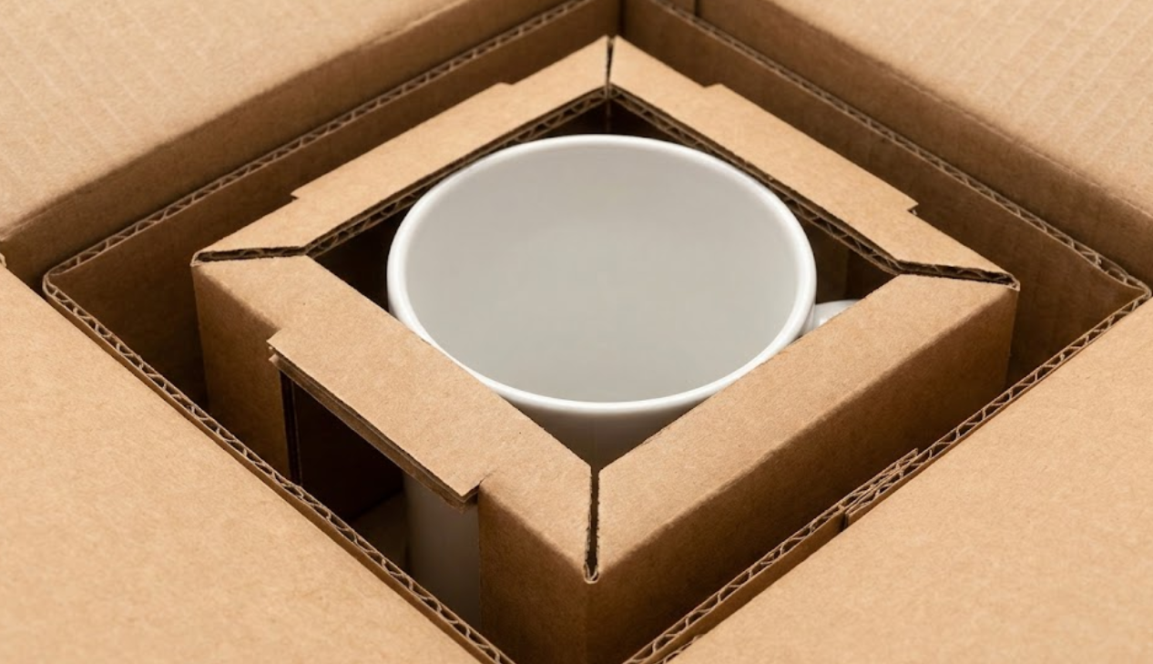 Close-up of a custom-engineered E-flute corrugated cardboard insert securely suspending a ceramic mug without plastic, demonstrating precision structural design and plastic-free protection.