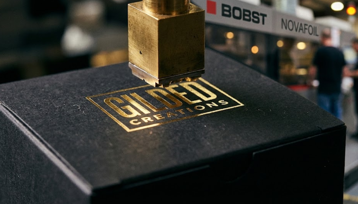 Macro close-up of a hot foil stamping machine applying a metallic gold logo onto deep matte black cardstock, creating a luxury contrast texture.