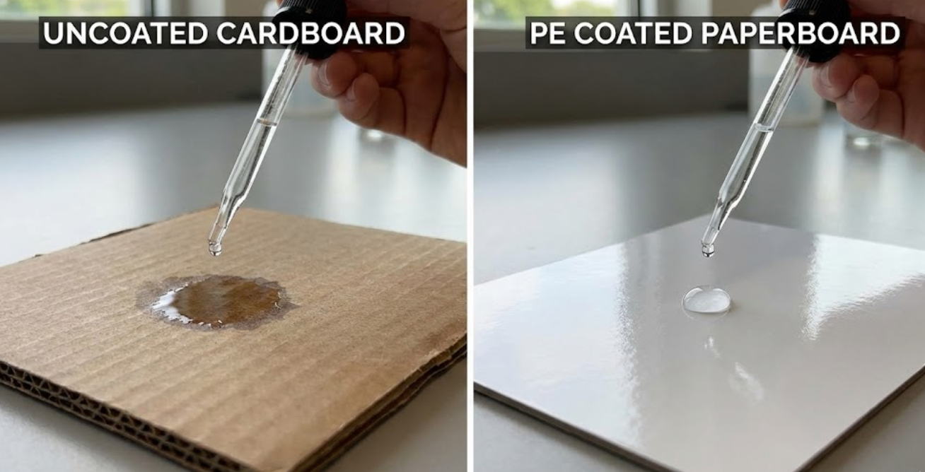 Comparison of a water drop soaking into uncoated cardboard versus beading up on waterproof PE coated paperboard.