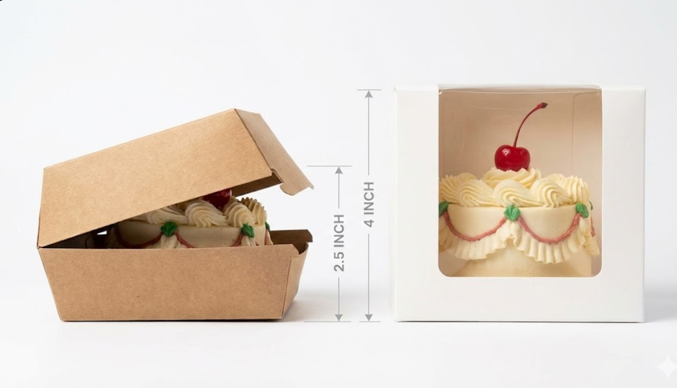 Comparison showing a shallow burger box crushing a mini cake versus a tall bento cake box with ample clearance.