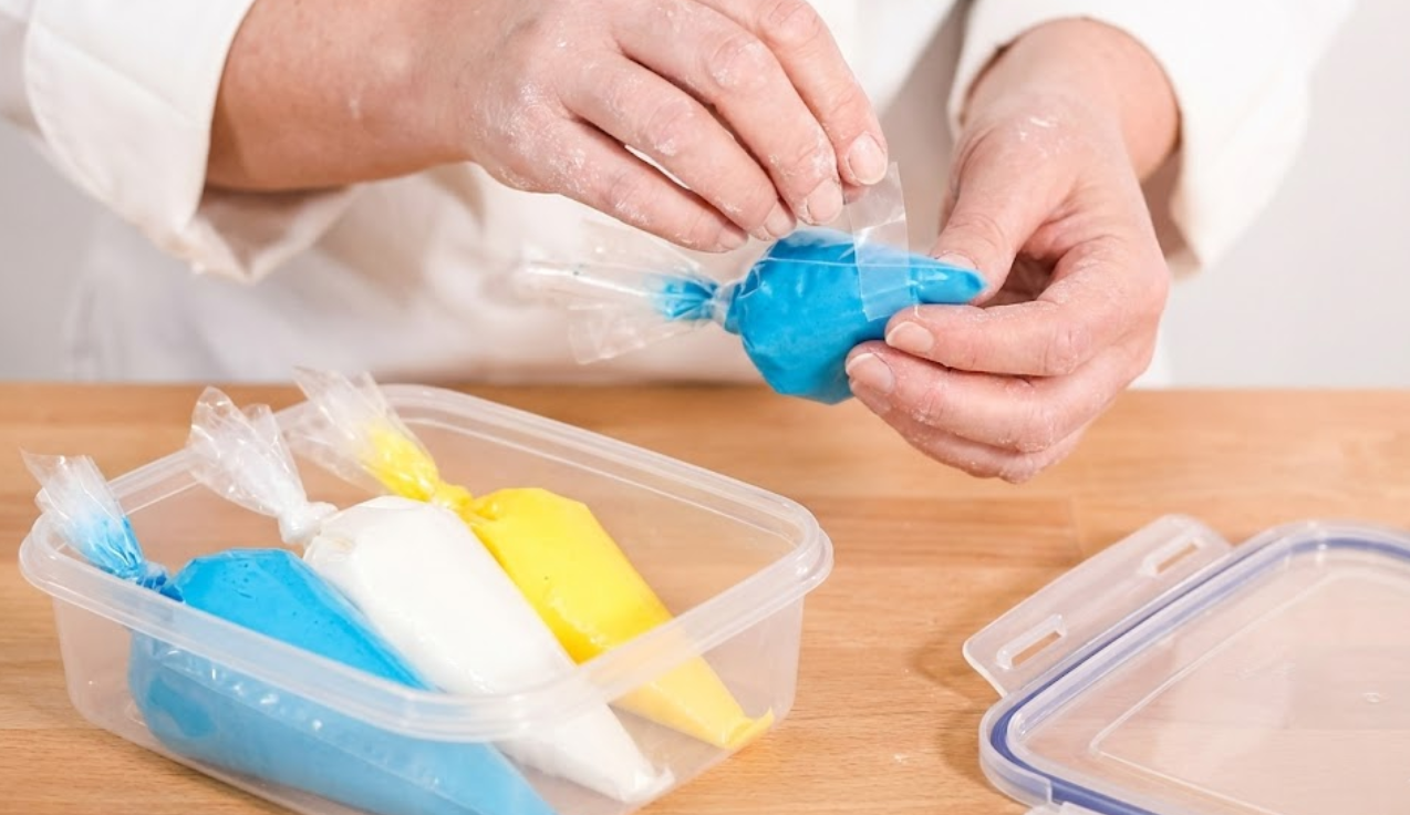 Close-up view of a baker's hands using clear tape to seal the folded tip of a blue royal icing piping bag, demonstrating the leak-proof fold-and-tape method for shipping.