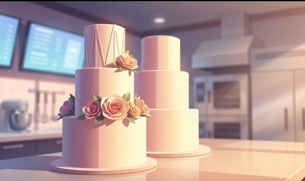 Low-angle view of a tall three-tier wedding cake in a professional bakery, illustrating the high center of gravity and need for specialized tall cake boxes.