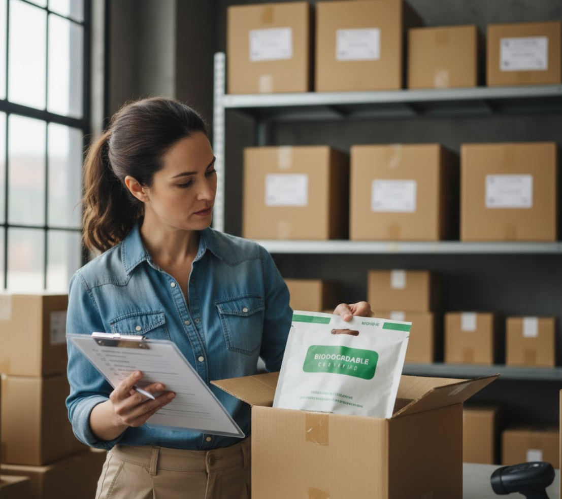 Small business owner in a warehouse inspecting the durability of a biodegradable mailer bag returned via mail, using a checklist to verify sustainable packaging performance.