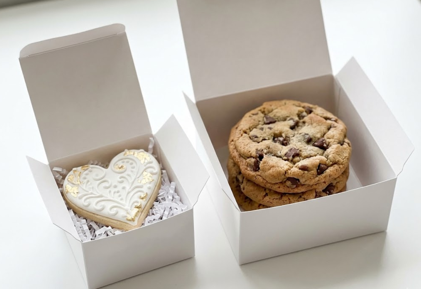 Small white 3x3 inch square favor box holding a single decorated wedding cookie, sitting next to a 4x4 inch box with two stacked chocolate chip cookies for sample packaging.