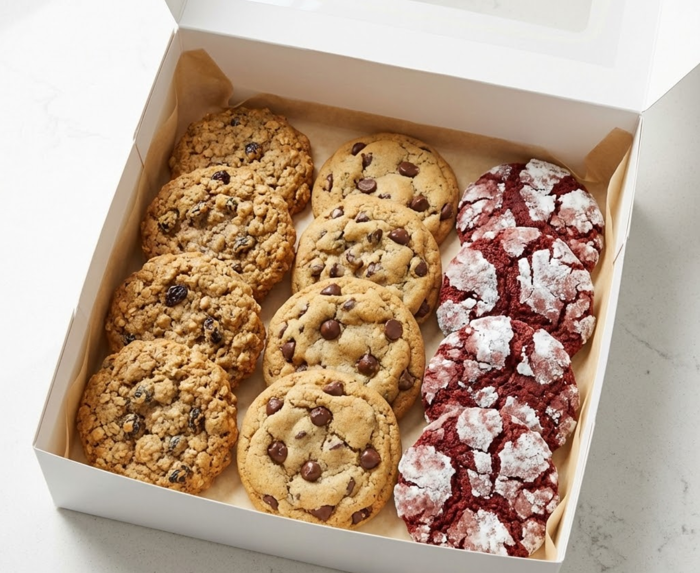 Standard 9x9 inch white square bakery box filled with one dozen assorted gourmet cookies arranged in a 3x4 grid pattern, showing the perfect fit for a standard order.