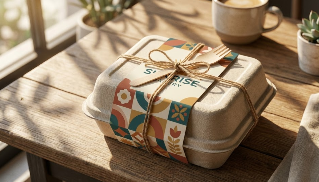 A closed molded fiber bento box customized with a branded paper sleeve, rustic twine, and a wooden fork.