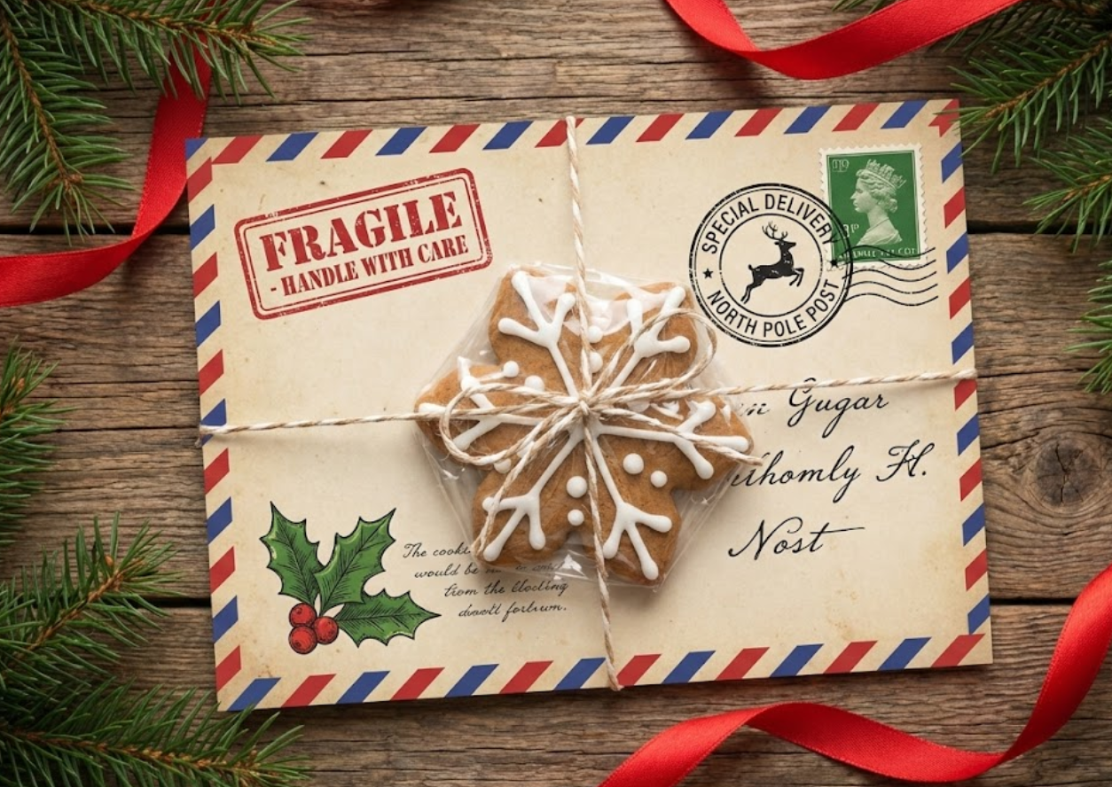 Creative vintage North Pole airmail themed cookie card packaging featuring "Fragile" stamps and a wrapped gingerbread snowflake cookie attached with twine.