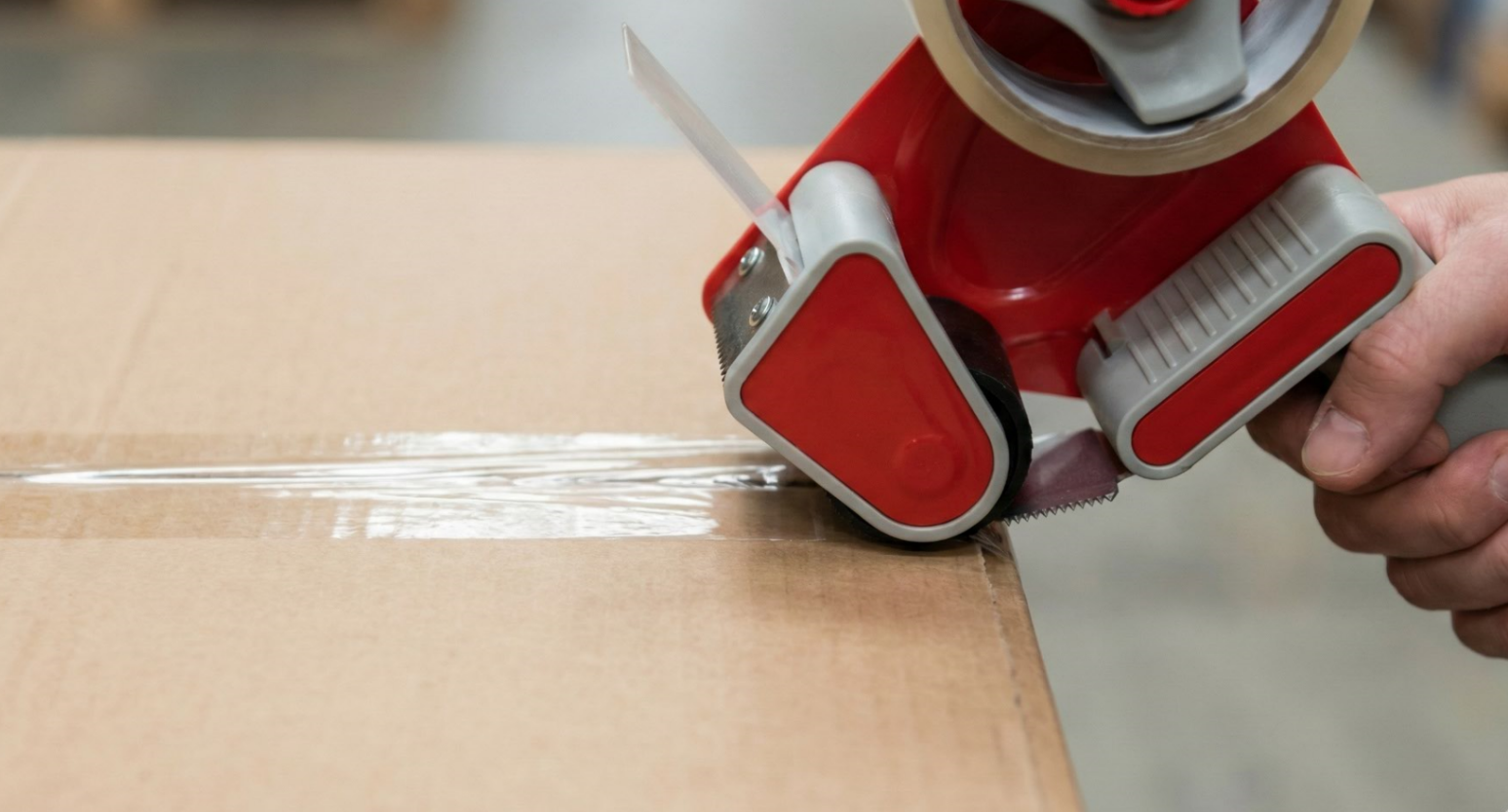 A hand holding a packing tape gun, applying clear tape to a box with proper tension just before cutting it with the serrated blade.