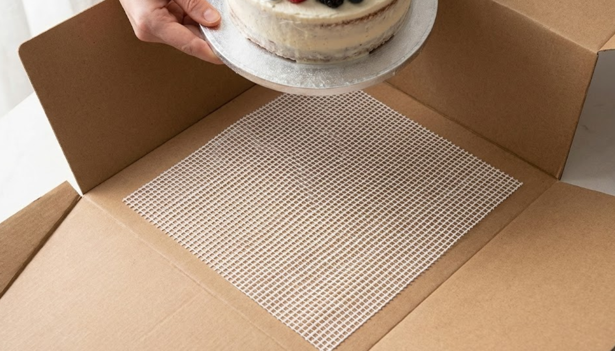 White non-slip shelf liner placed on the floor of a brown corrugated cake box to prevent sliding.