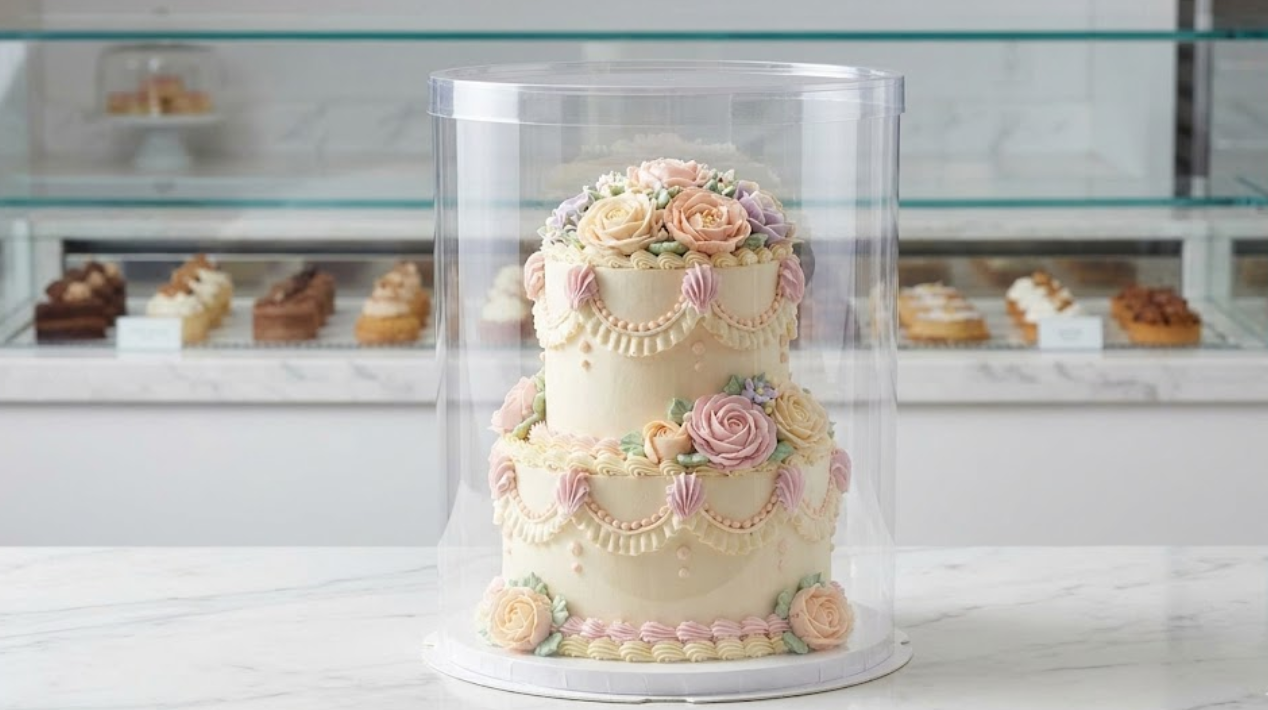 Fully transparent plastic cake box showcasing an elaborately decorated tiered cake.