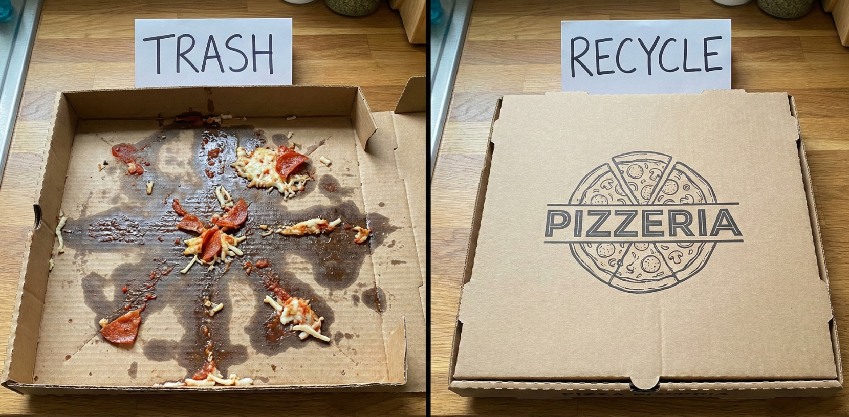  A split-screen comparison showing a greasy, cheese-stained pizza box bottom labeled "Trash" next to a clean, torn-off pizza box lid labeled "Recycle."