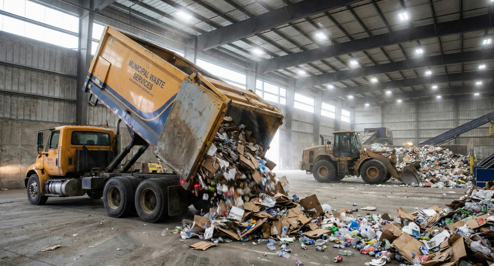 Inside a Materials Recovery Facility (MRF), a garbage truck dumps a massive load of mixed recyclables onto a concrete floor while a front-end loader pushes the pile toward a conveyor belt.