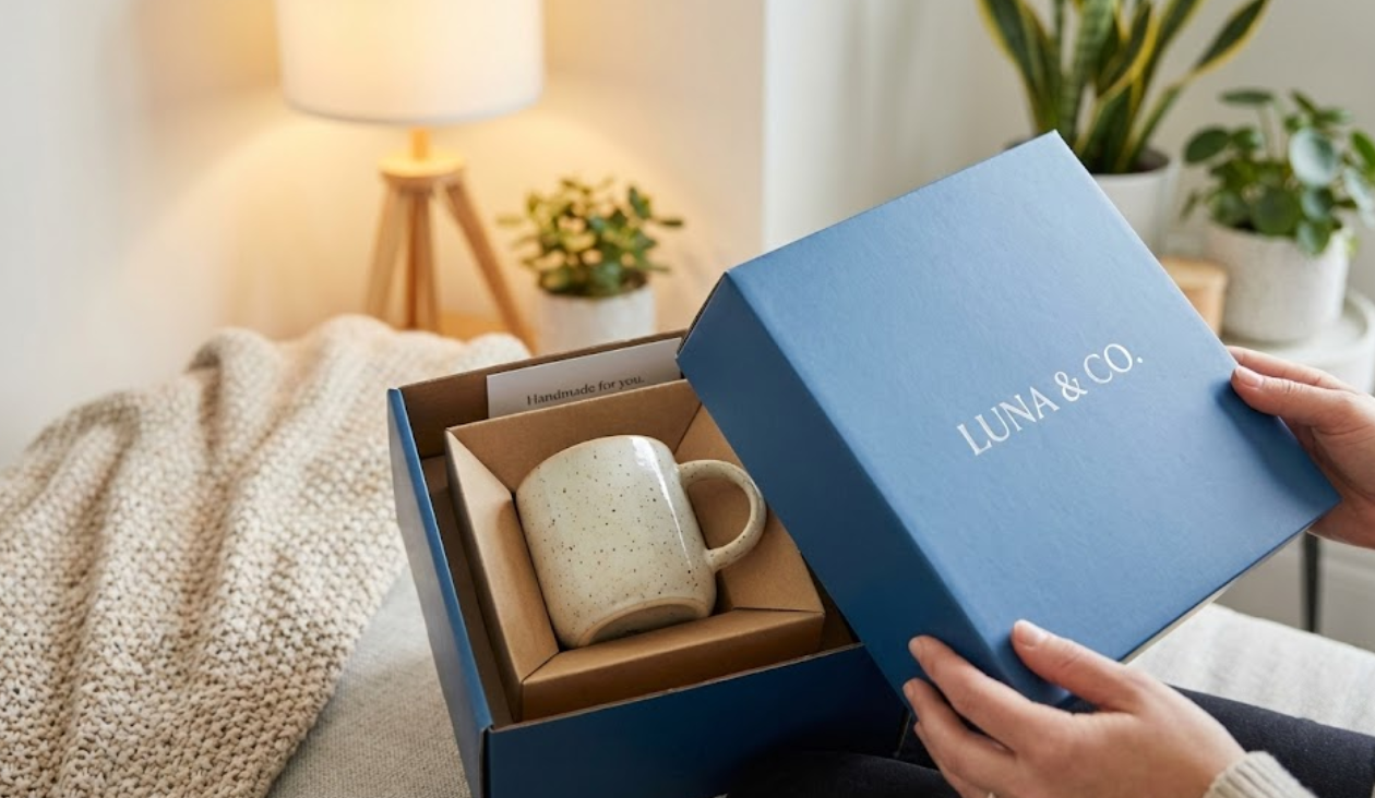 Premium unboxing experience: A customer's hands gently opening a matte blue custom-printed box containing a ceramic mug, creating a high-end gift presentation in a home setting.