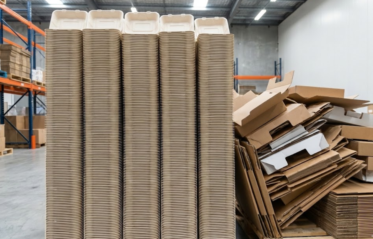 Warehouse view showing space-efficient nesting of molded fiber boxes next to a pile of flat-pack cardboard.