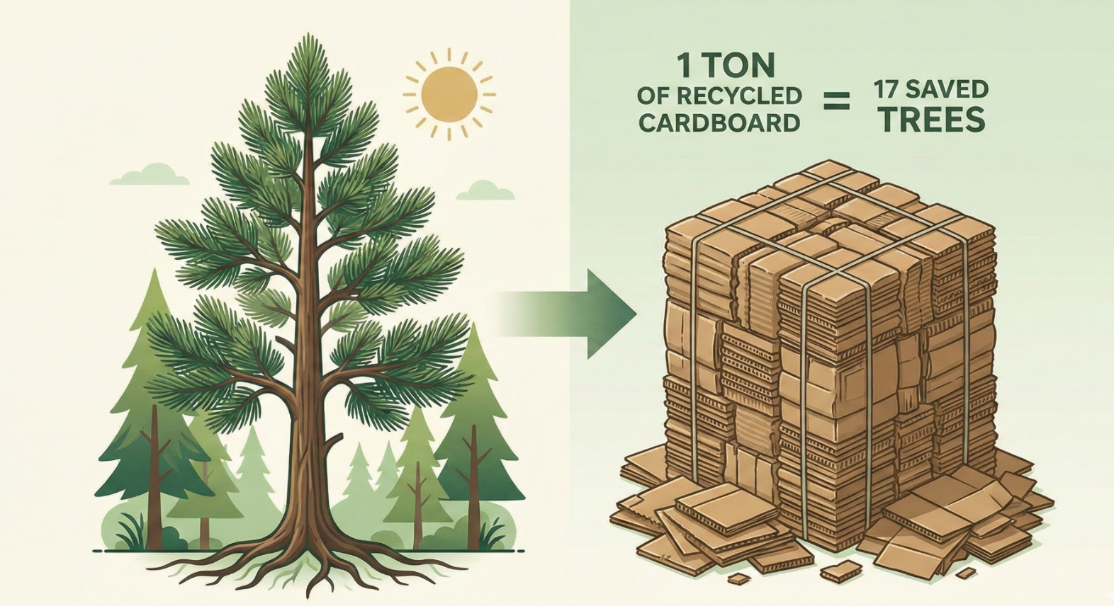 a mature pine tree next to a bale of recycled cardboard, visualizing the statistic that recycling one ton of cardboard saves 17 trees.