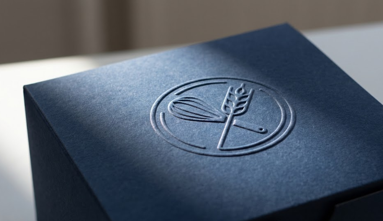 Detail shot of a luxury navy blue cupcake box lid featuring a tactile, blind embossed bakery logo creating a premium 3D effect.