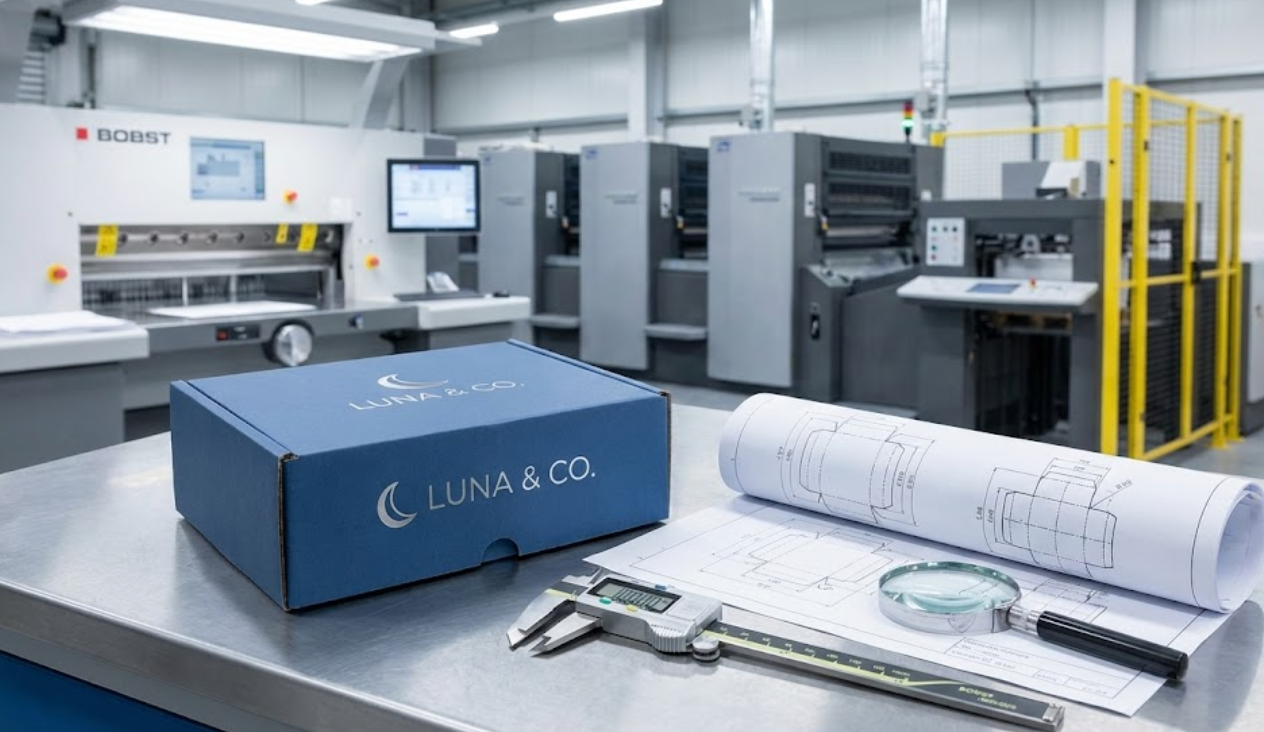 Packaging engineering workbench featuring a finished custom box next to technical die-line blueprints and digital calipers, with a blurred high-tech manufacturing facility background.