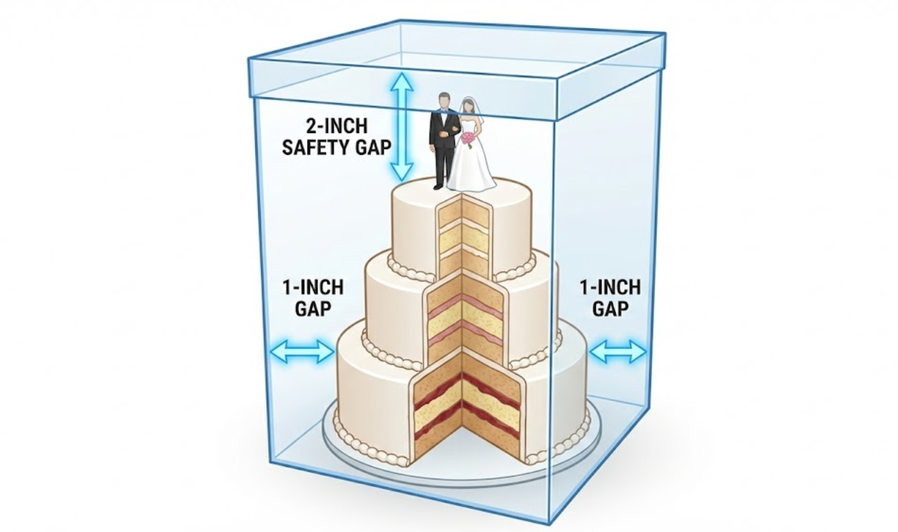 3D cross-section diagram of a cake inside a box, highlighting the essential 2-inch vertical clearance and 1-inch side gap for safe transport