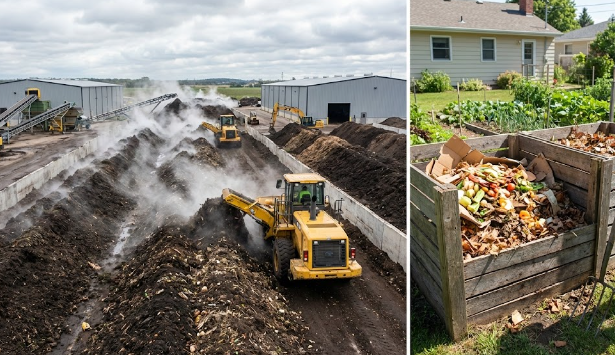 Split-screen comparison showing the massive scale of an industrial composting facility with heavy machinery versus a small, simple backyard compost bin, highlighting the infrastructure gap.