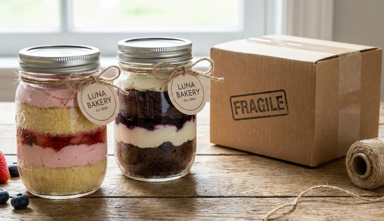 Two clear glass mason jars filled with layered cupcake sponge and frosting, topped with metal lids and rustic branded tags, designed for safe shipping.