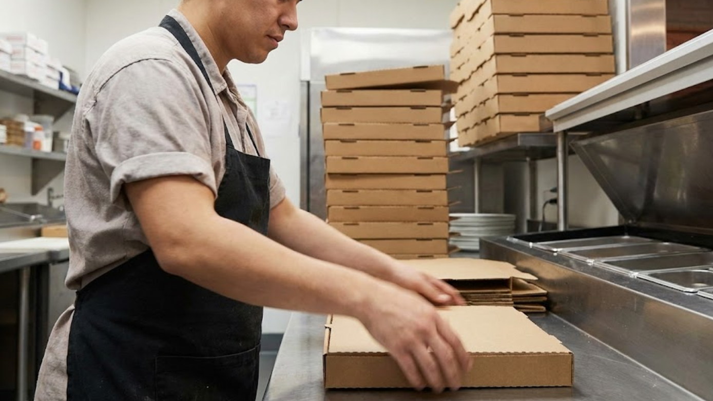  A person using the two-hand method to fold pizza boxes quickly and efficiently at a standing workstation.