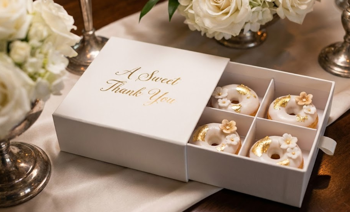 Luxury rigid slider box for wedding favors with gold foil stamping and internal grid dividers holding four gold-leaf decorated mini donuts.