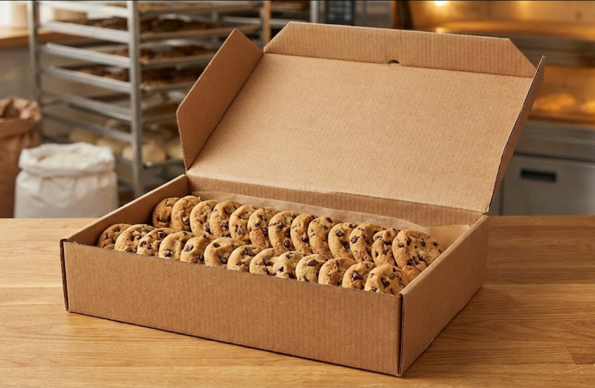 Large brown corrugated catering box sized 14x10 inches containing two dozen chocolate chip cookies shingled in rows, demonstrating sturdy bulk packaging for events.