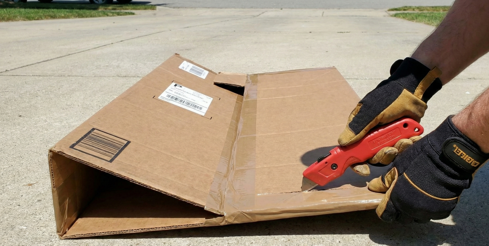  Close-up of hands using a box cutter to slice the tape along the bottom seam of a shipping box to properly flatten it for recycling.
