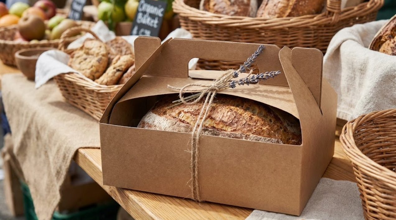 Rustic brown Kraft paper cake box tied with twine, holding a loaf of artisan bread.