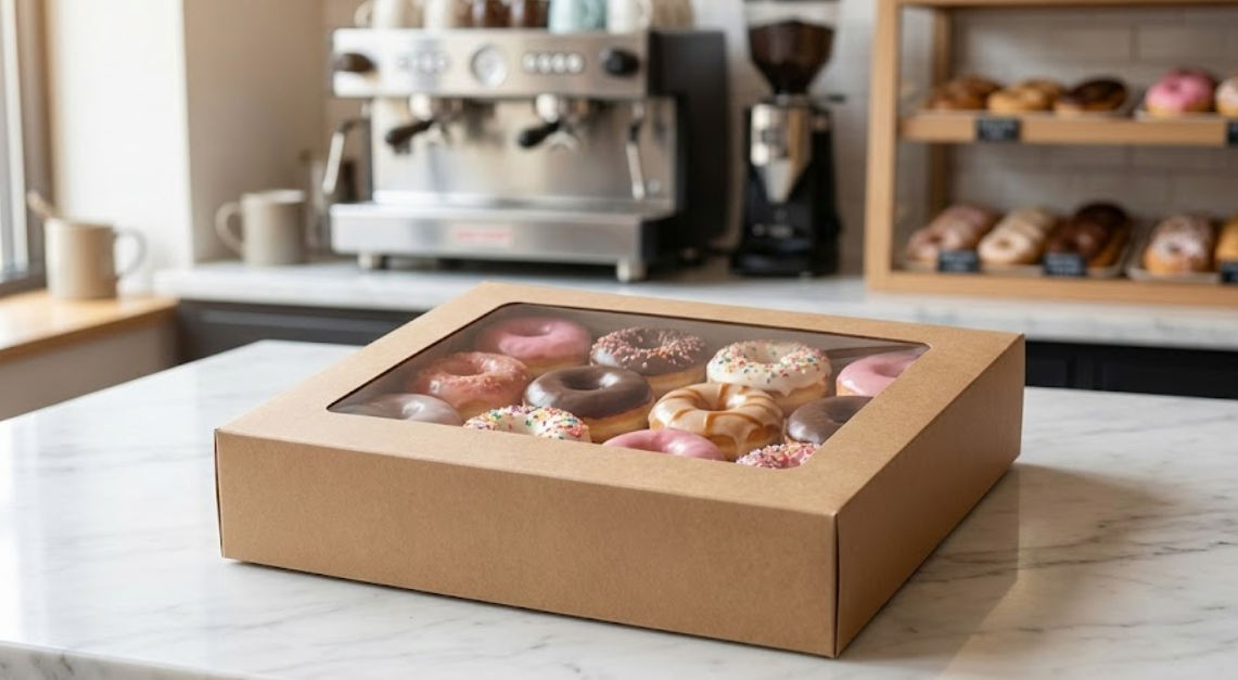 Eco-friendly Kraft bakery window box containing 12 assorted mini donuts, showing a snug custom die-cut fit and clear visibility for retail display.