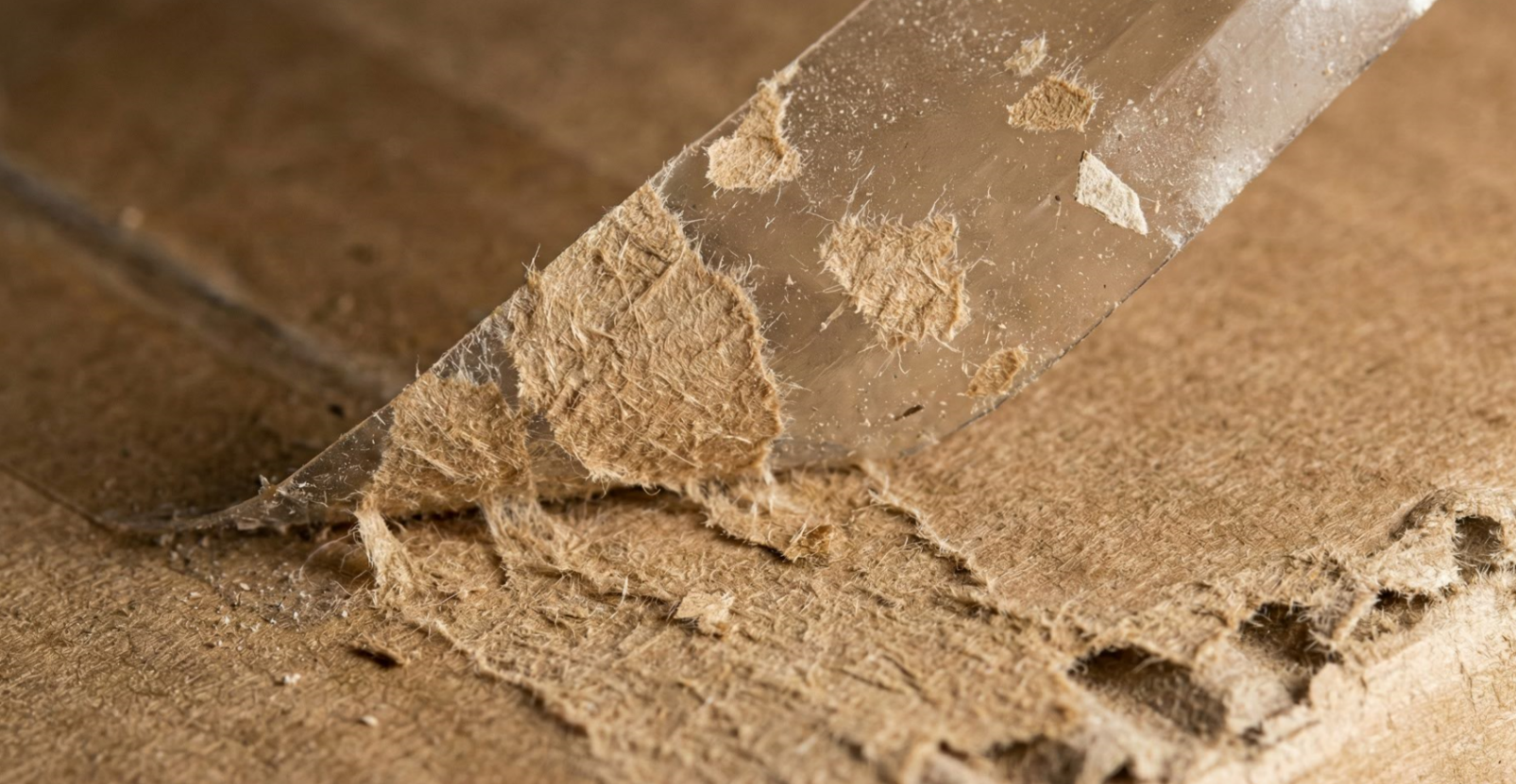 A close-up of clear packing tape being peeled off a box, revealing "fiber tear" where paper fibers are stuck to the adhesive, indicating a strong bond.