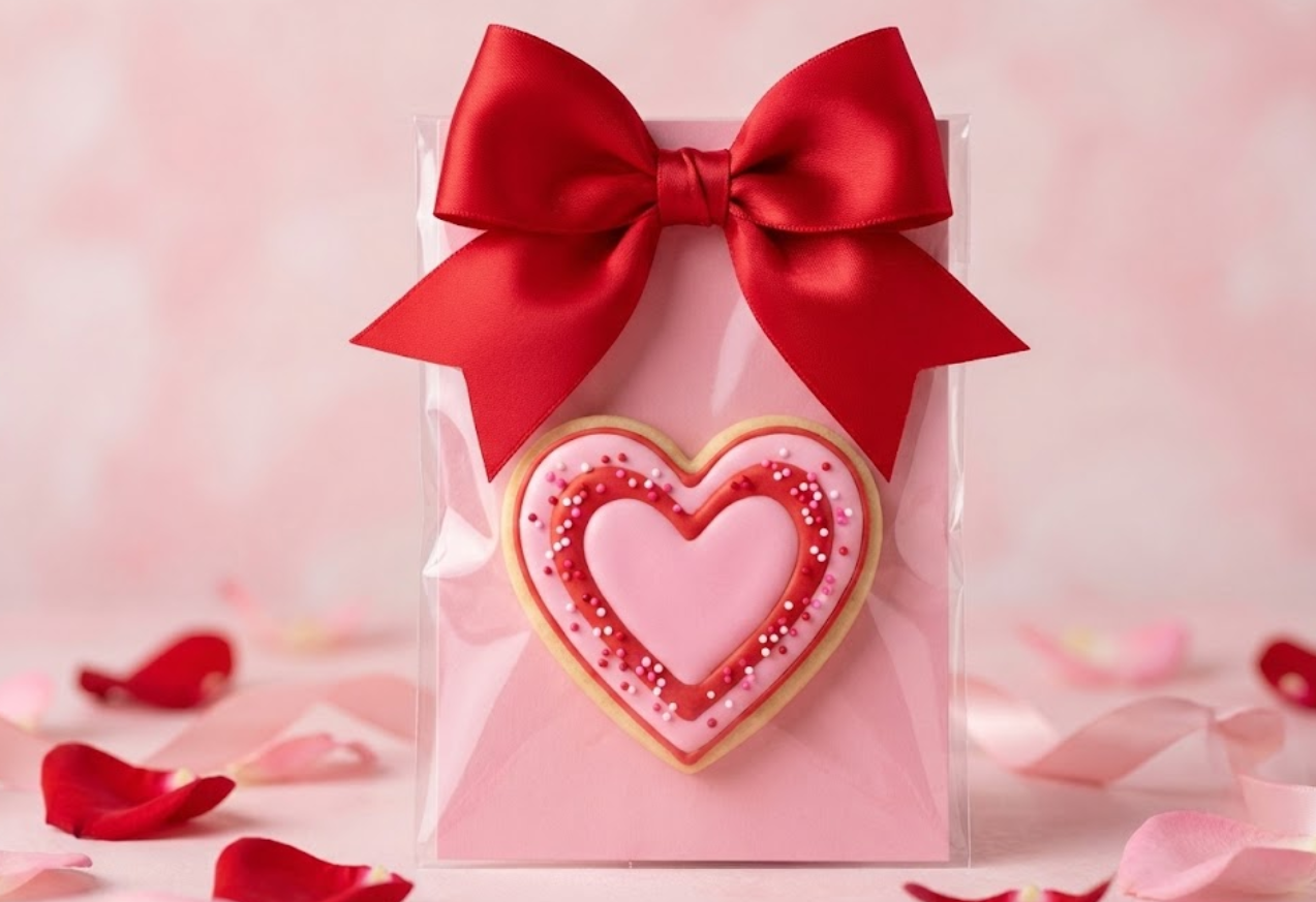 Romantic Valentine's Day cookie packaging featuring a single decorated heart cookie secured to a pink backer card and topped with an oversized red satin bow.