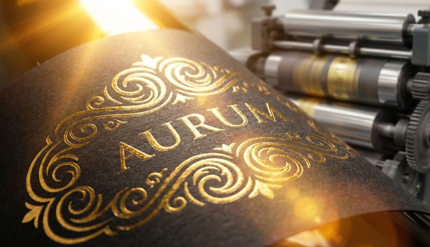 Premium product label with metallic gold hot foil stamping reflecting bright studio light.