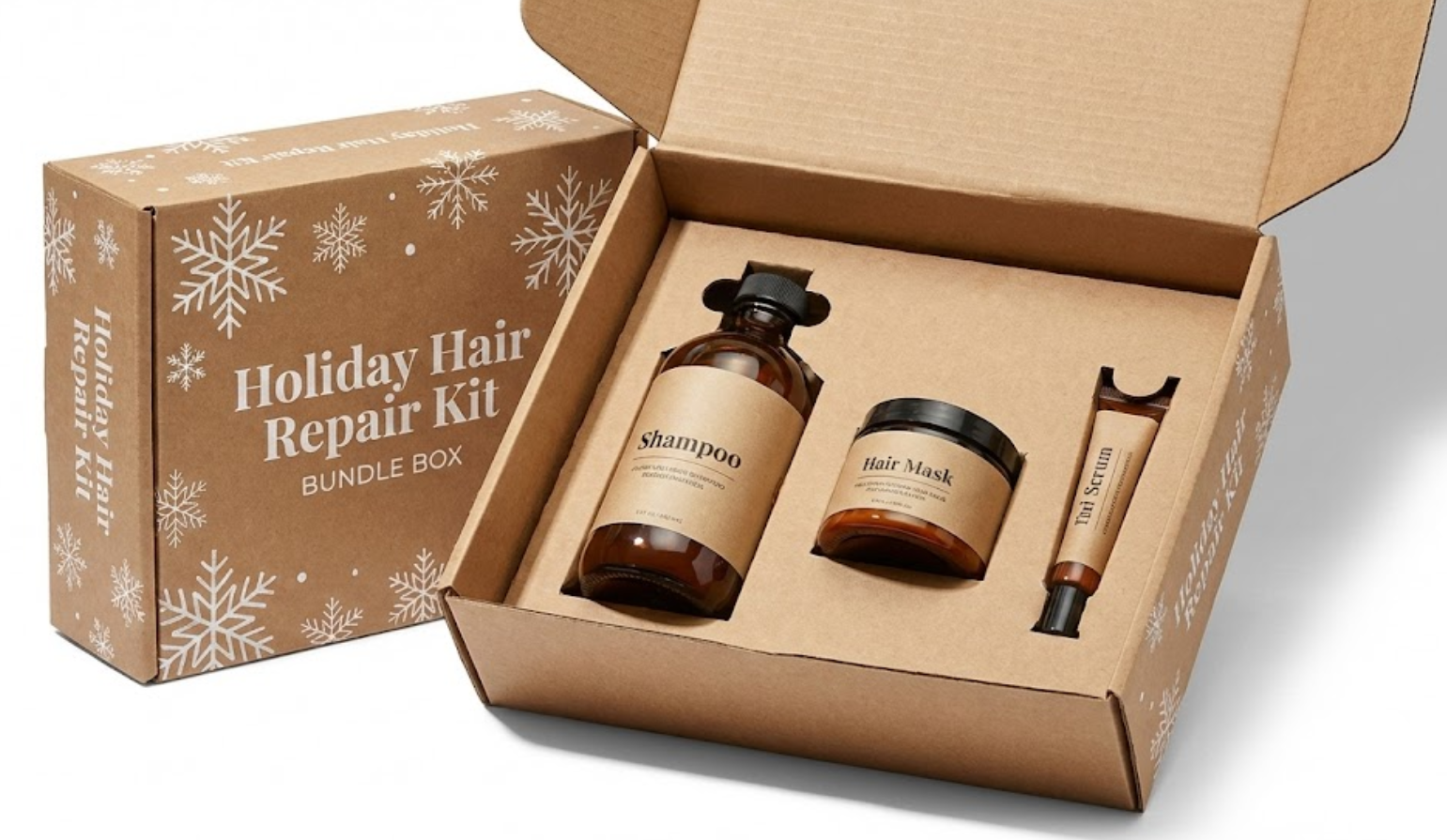 Custom kraft corrugated bundle box with die-cut paper insert for hair care products.