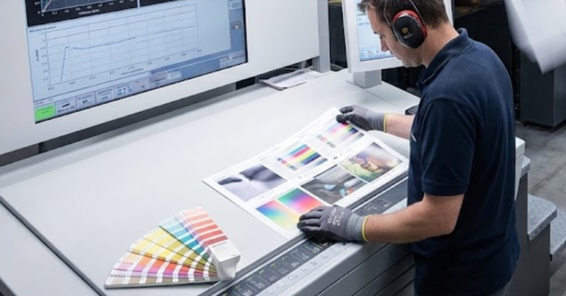 Press operator comparing a printed sheet to a Pantone swatch book under color correction light, standing next to a running Heidelberg Speedmaster offset printing press.