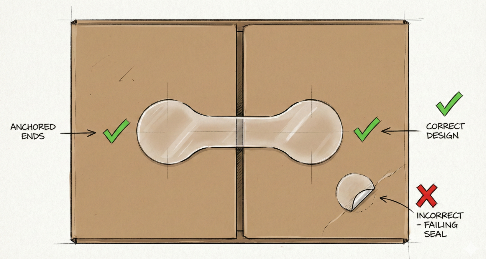 Design recommendation for flap seals: Using a long dumbbell-shaped sticker to resist spring-back tension versus a small round sticker that fails.