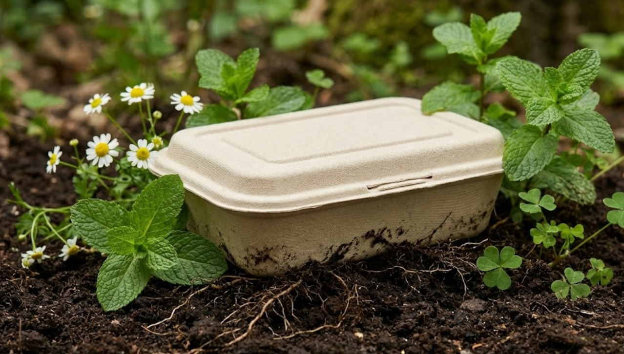 A compostable molded fiber bento box sitting on organic soil surrounded by fresh plants, symbolizing sustainability.
