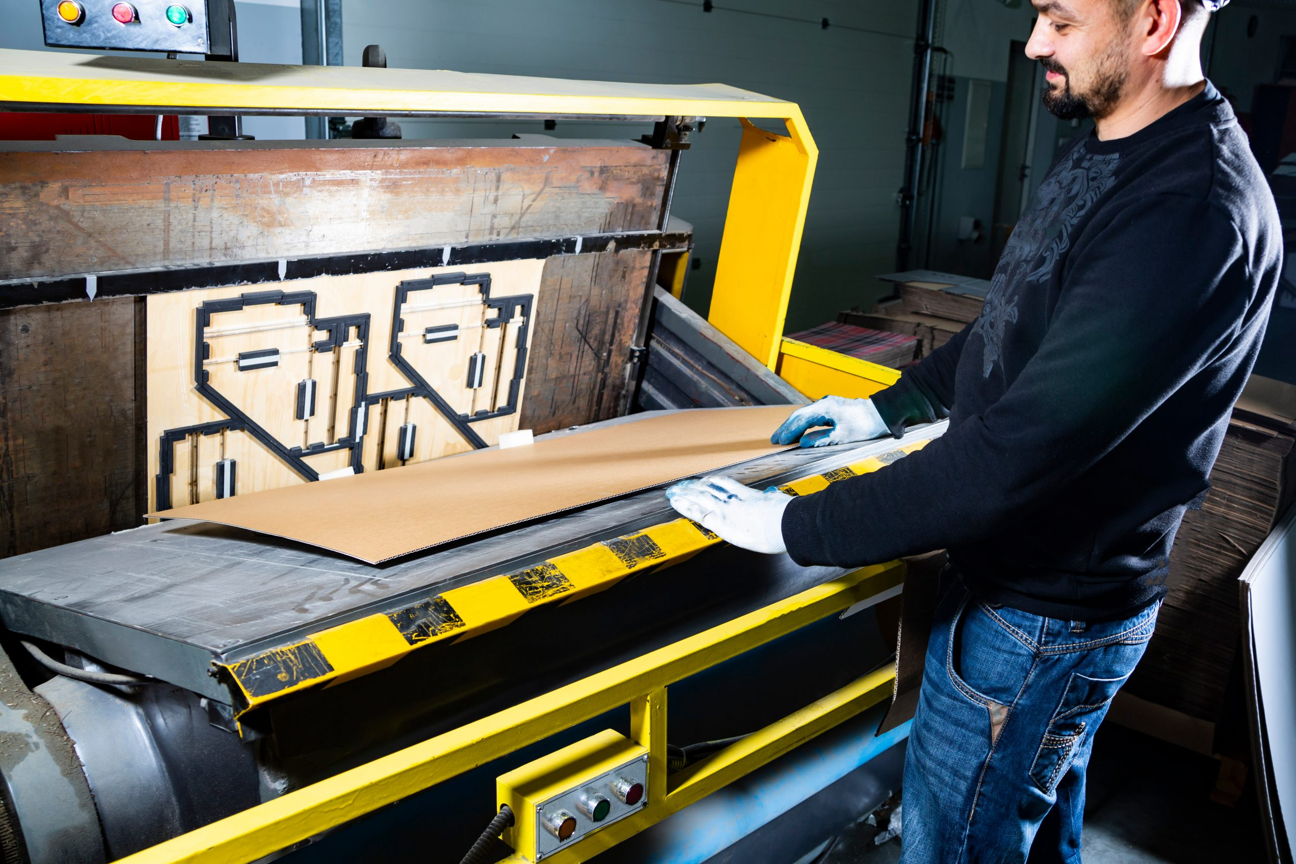 Worker feeding cardboard into a die-cutting machine (with packaging-shaped dies) for packaging production.