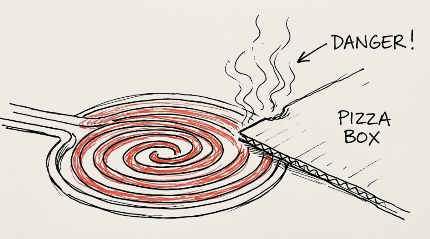 The pizza box is too close to the oven heating element, creating a risky scenario of starting to smoke, highlighting the fire hazard.