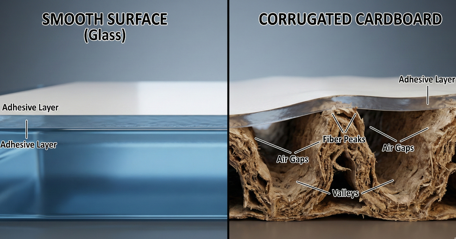 Microscopic cross-section comparison showing how adhesive bonds fully to smooth surfaces versus corrugated cardboard where it only touches the fiber peaks.