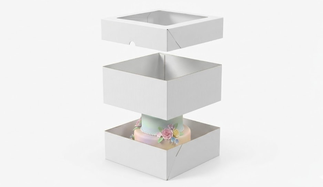 Exploded view diagram showing a cake box base, a floating extender sleeve, and a lid, demonstrating how to add height.